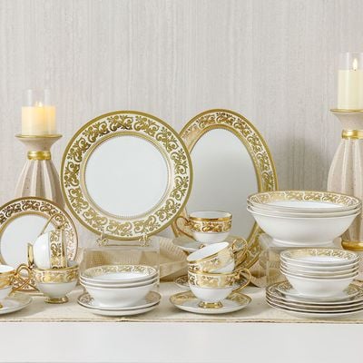 Royal Feast 44-Pc Premium Fine Porcelain Dinner Set - White/Gold - Serve 8