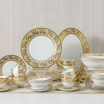 Royal Feast 44-Pc Premium Fine Porcelain Dinner Set - White/Gold - Serve 8