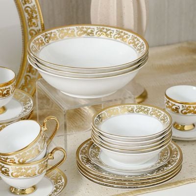 Royal Feast 44-Pc Premium Fine Porcelain Dinner Set - White/Gold - Serve 8