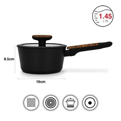 Fissman Sauce Pan Feorella 16X8.5Cm/1.45 Ltr With Glass Lid With Induction Bottom (Aluminium With Non-Stick Coating)