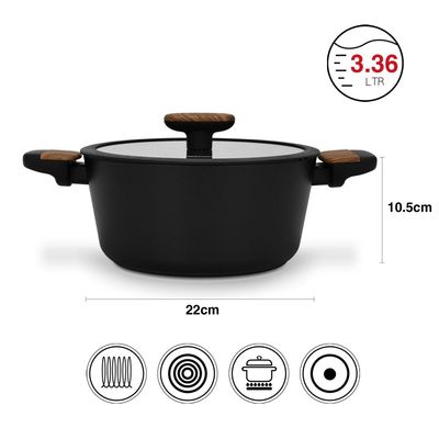 Fissman Stockpot Feorella 22X10.5Cm/3.36 Ltr With Glass Lid With Induction Bottom (Aluminium With Non-Stick Coating)