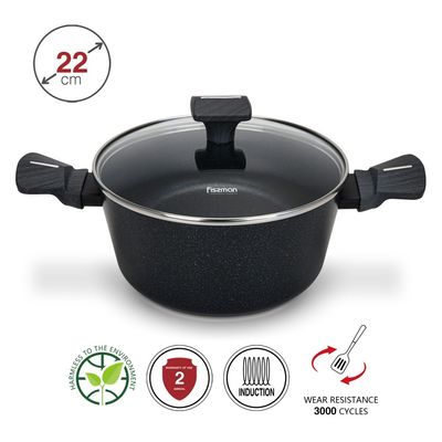 Fissman Stockpot Ferro 22X10.5Cm/3.36 Ltr With Glass Lid With Induction Bottom (Aluminium With Non-Stick Coating)