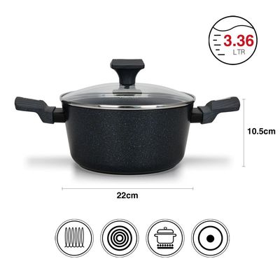 Fissman Stockpot Ferro 22X10.5Cm/3.36 Ltr With Glass Lid With Induction Bottom (Aluminium With Non-Stick Coating)