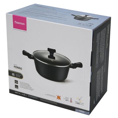 Fissman Stockpot Ferro 24X11.5Cm/4.43 Ltr With Glass Lid With Induction Bottom (Aluminium With Non-Stick Coating)