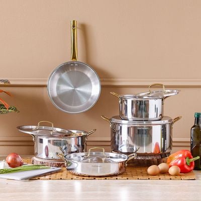 Chef's Delight 9-Piece Triply Cookware Set with Gold Handle