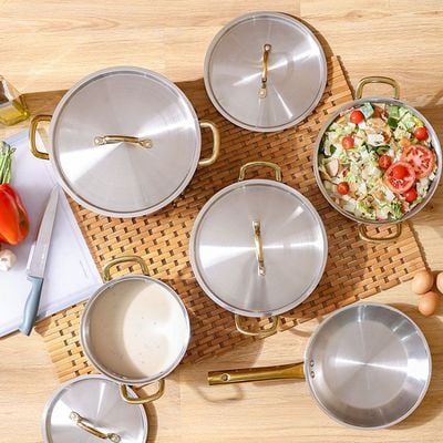 Chef's Delight 9-Piece Triply Cookware Set with Gold Handle