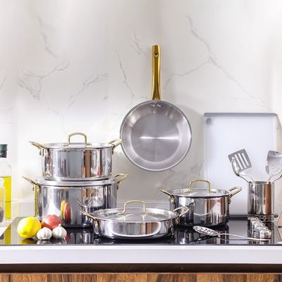 Chef's Delight 9-Piece Triply Cookware Set with Gold Handle