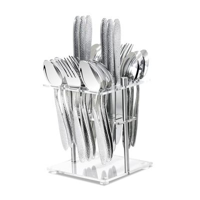 Chef's Delight Lotus Hammered 24-Piece Cutlery Set In Acrylic Stand-Serves 6