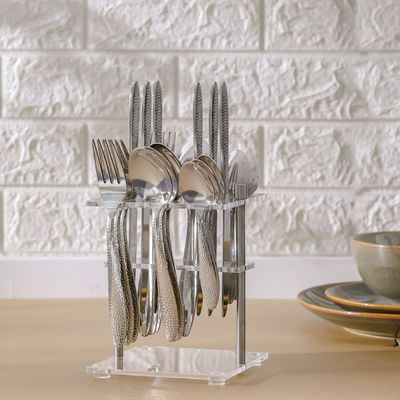Chef's Delight Lotus Hammered 24-Piece Cutlery Set In Acrylic Stand-Serves 6