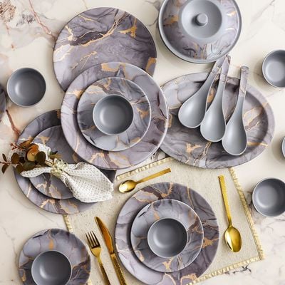 Urmi Matt 32-Piece Melamine Dinner Set Grey Gold