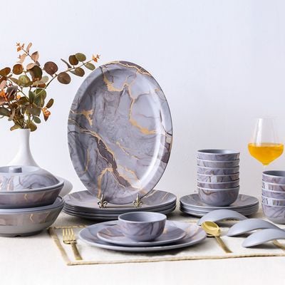 Urmi Matt 32-Piece Melamine Dinner Set Grey Gold