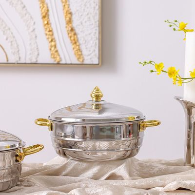 Nomaris Hot Pot with Etching Work - Gold & Shiny Polished - 2500ml - 28x28x14 cm