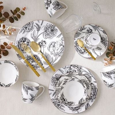 Youthful Bite Peonies 16-Piece New Bone China Dinner Set Serves-4