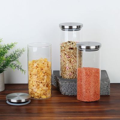 Abaco 3-Piece Glass Storage Jar With Stainless Steel Lid -1500Ml