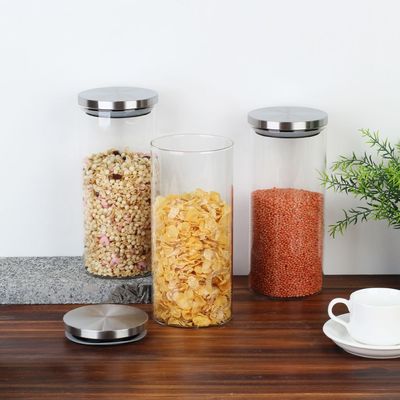 Abaco 3-Piece Glass Storage Jar With Stainless Steel Lid -1500Ml