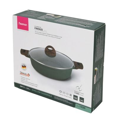 Fissman Casserole With Glass Lid Aluminium Coating Shallow And Induction Bottom 28x7.2cm/3.8LTR Green