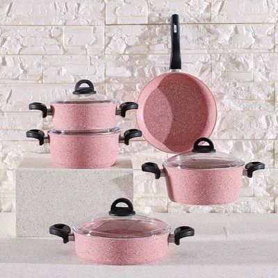 Falez 9-Piece Premium Granite Cookware Set Pink 2.7 mm