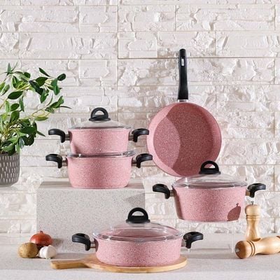 Falez 9-Piece Premium Granite Cookware Set Pink 2.7 mm