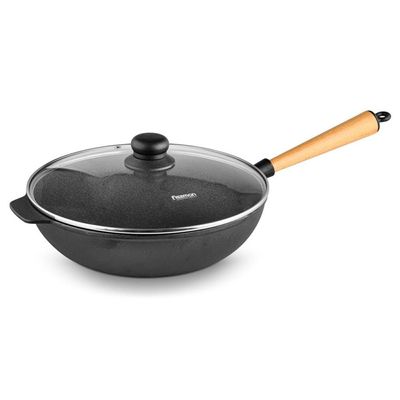 Fissman Wok Pan 30X8.5Cm/4Ltr With Wooden Handle And Glass Lid