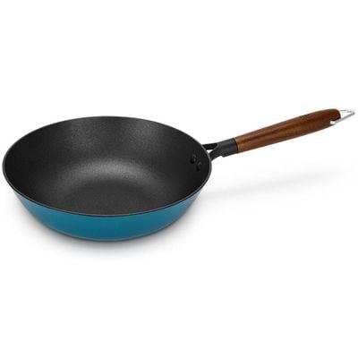 Fissman Wok Pan Seagreen 28X8Cm/4Ltr With Wooden Handle (Enamelled Lightweight Cast Iron) 