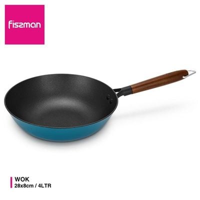 Fissman Wok Pan Seagreen 28X8Cm/4Ltr With Wooden Handle (Enamelled Lightweight Cast Iron) 