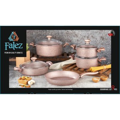 Falez 9-Pc Premium Granite Cookware Set - Pink 