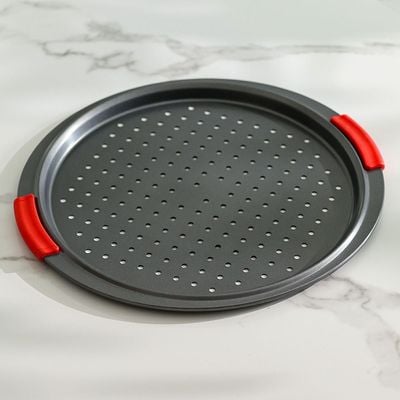 Bake Me Happy Pizza Pan with Holes & Silicone Handle - Carbon Steel - 0.8 mm, 39.5x27x2 cm