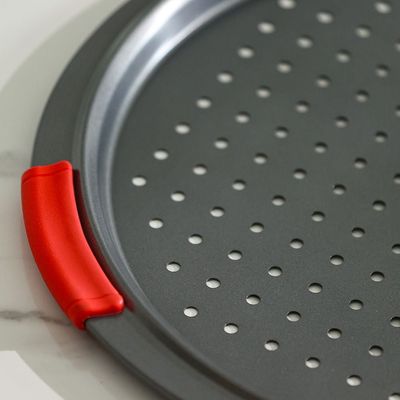 Bake Me Happy Pizza Pan with Holes & Silicone Handle - Carbon Steel - 0.8 mm, 39.5x27x2 cm
