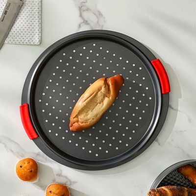 Bake Me Happy Pizza Pan With Holes & Silicone Handle Carbon Steel 0.8Mm 39.5X27X2Cm