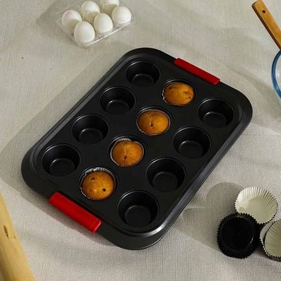 Bake Me Happy 12-Cup Muffin Pan with Silicone Handle - Carbon Steel - 0.8 mm, 41x29.5x3.5 cm