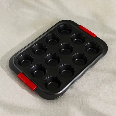 Bake Me Happy 12-Cup Muffin Pan with Silicone Handle - Carbon Steel - 0.8 mm, 41x29.5x3.5 cm