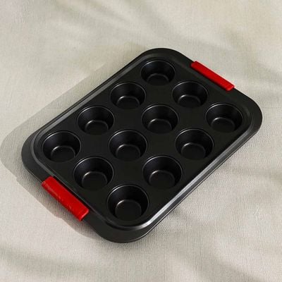 Bake Me Happy 12Cup Muffin Pan With Silicone Handle Carbon Steel 0.8Mm 41X29.5X3.5Cm