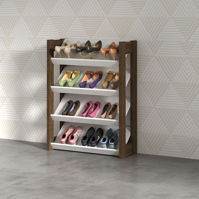 ليين - خزانة أحذية ذات 4 طبقات تسع 12 زوجًا - أبيض/جوزي - ضمان مدة عامين