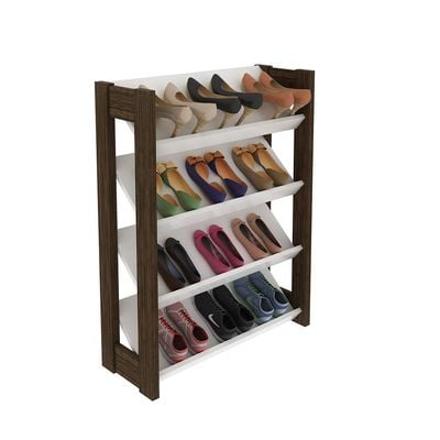 Lean 4-Tier Shoe Cabinet - 12 Pairs - White/Walnut - With 2-Year Warranty