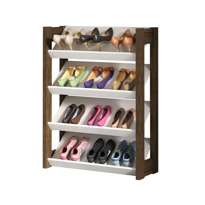 ليين - خزانة أحذية ذات 4 طبقات تسع 12 زوجًا - أبيض/جوزي - ضمان مدة عامين