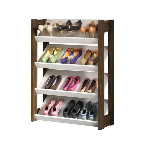 Lean 4-Tier Shoe Cabinet - 12 Pairs - White/Walnut - With 2-Year Warranty