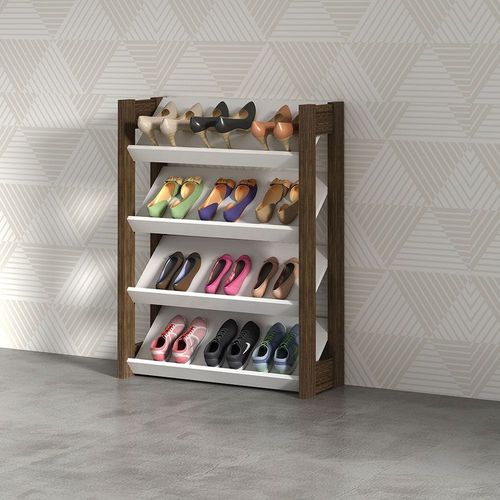 Lean 4-Tier Shoe Cabinet - 12 Pairs - White/Walnut - With 2-Year Warranty