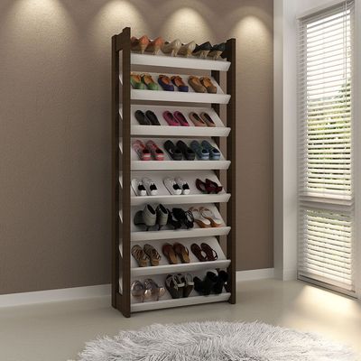 Lean 8-Tier Tall Shoe Cabinet - 24 Pairs - White/Walnut - With 2-Year Warranty