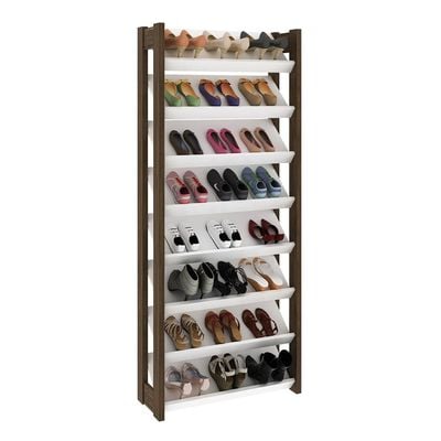 Lean 8-Tier Tall Shoe Cabinet - 24 Pairs - White/Walnut - With 2-Year Warranty