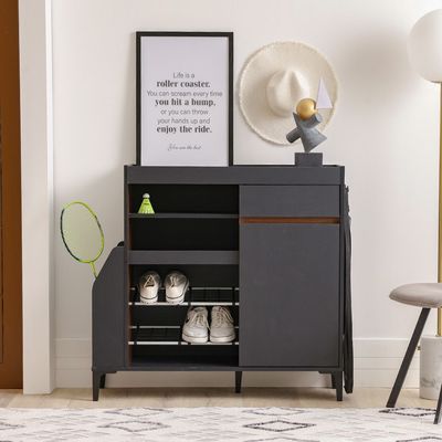 Pristina 9-Pair Shoe Cabinet with Open Shelves - Black/Walnut - With 2-Year Warranty