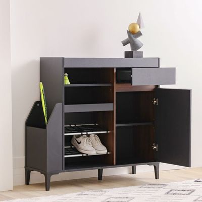 Pristina 9-Pair Shoe Cabinet with Open Shelves - Black/Walnut - With 2-Year Warranty