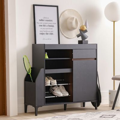 Pristina 9-Pair Shoe Cabinet with Open Shelves - Black/Walnut - With 2-Year Warranty