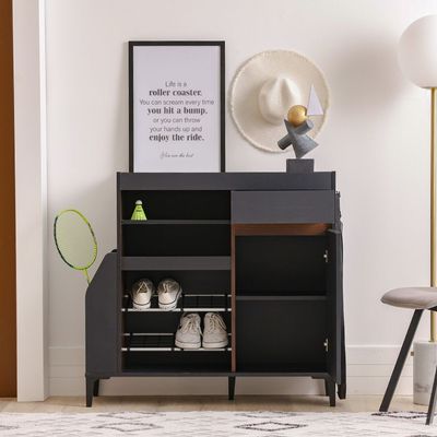 Pristina 9-Pair Shoe Cabinet with Open Shelves - Black/Walnut - With 2-Year Warranty