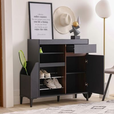 Pristina 9-Pair Shoe Cabinet with Open Shelves - Black/Walnut - With 2-Year Warranty