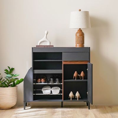 Pristina 9-Pair Shoe Cabinet with Open Shelves - Black/Walnut - With 2-Year Warranty