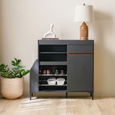 Pristina 9-Pair Shoe Cabinet with Open Shelves - Black/Walnut - With 2-Year Warranty