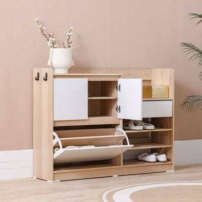 Barbados 15-Pair Shoe Cabinet with Open Shelves & Hooks - White / Oak - With 2-Year Warranty