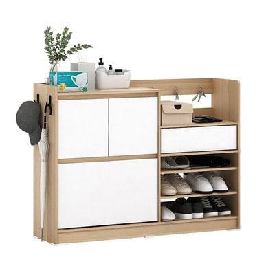 Barbados Shoe Cabinet - 15 Pairs W/ Open Shelves & Hooks- White / Oak