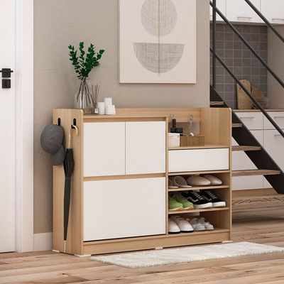 Barbados Shoe Cabinet - 15 Pairs W/ Open Shelves & Hooks- White / Oak