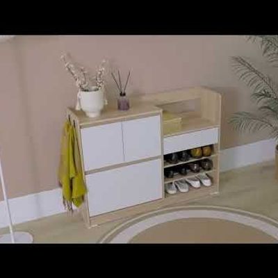 Barbados 15-Pair Shoe Cabinet with Open Shelves & Hooks - White / Oak - With 2-Year Warranty